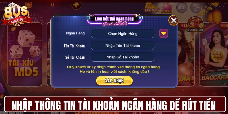 Nhập thông tin tài khoản ngân hàng để rút tiền 